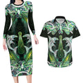 New Zealand Mere Pounamu Weapon Couples Matching Long Sleeve Bodycon Dress and Hawaiian Shirt Aotearoa Mango Paua Shell Maori Pattern
