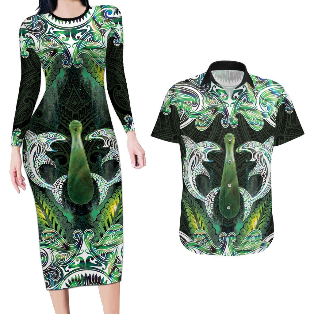 New Zealand Mere Pounamu Weapon Couples Matching Long Sleeve Bodycon Dress and Hawaiian Shirt Aotearoa Mango Paua Shell Maori Pattern