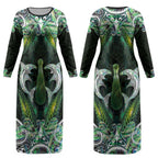 New Zealand Mere Pounamu Weapon Couples Matching Long Sleeve Bodycon Dress and Hawaiian Shirt Aotearoa Mango Paua Shell Maori Pattern LT22