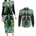 New Zealand Mere Pounamu Weapon Couples Matching Long Sleeve Bodycon Dress and Long Sleeve Button Shirt Aotearoa Mango Paua Shell Maori Pattern