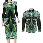 New Zealand Mere Pounamu Weapon Couples Matching Long Sleeve Bodycon Dress and Long Sleeve Button Shirt Aotearoa Mango Paua Shell Maori Pattern
