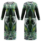 New Zealand Mere Pounamu Weapon Couples Matching Long Sleeve Bodycon Dress and Long Sleeve Button Shirt Aotearoa Mango Paua Shell Maori Pattern LT22
