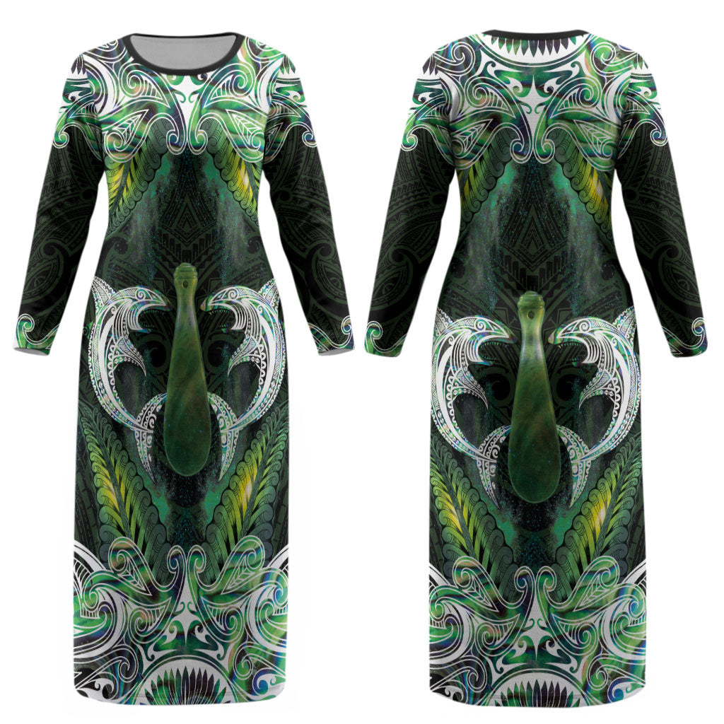 New Zealand Mere Pounamu Weapon Couples Matching Long Sleeve Bodycon Dress and Long Sleeve Button Shirt Aotearoa Mango Paua Shell Maori Pattern LT22