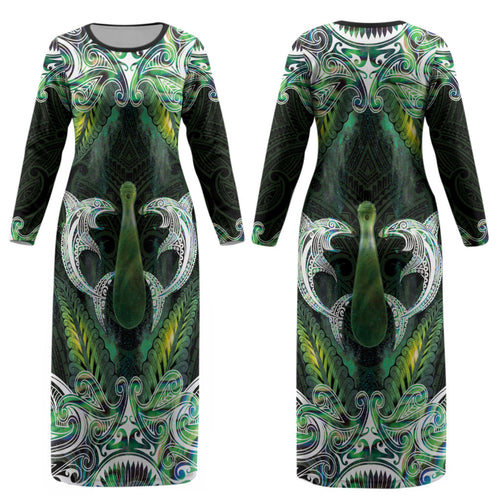 New Zealand Mere Pounamu Weapon Couples Matching Long Sleeve Bodycon Dress and Long Sleeve Button Shirt Aotearoa Mango Paua Shell Maori Pattern LT22