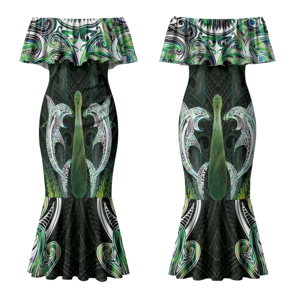 New Zealand Mere Pounamu Weapon Couples Matching Mermaid Dress and Hawaiian Shirt Aotearoa Mango Paua Shell Maori Pattern LT22