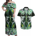New Zealand Mere Pounamu Weapon Couples Matching Off Shoulder Maxi Dress and Hawaiian Shirt Aotearoa Mango Paua Shell Maori Pattern