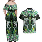 New Zealand Mere Pounamu Weapon Couples Matching Off Shoulder Maxi Dress and Hawaiian Shirt Aotearoa Mango Paua Shell Maori Pattern