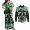 New Zealand Mere Pounamu Weapon Couples Matching Off Shoulder Maxi Dress and Long Sleeve Button Shirt Aotearoa Mango Paua Shell Maori Pattern