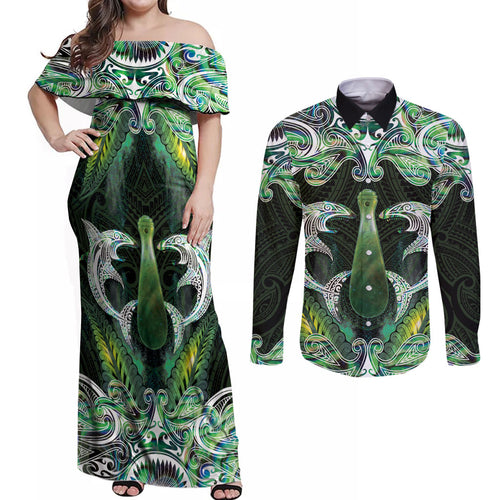 New Zealand Mere Pounamu Weapon Couples Matching Off Shoulder Maxi Dress and Long Sleeve Button Shirt Aotearoa Mango Paua Shell Maori Pattern