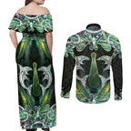 New Zealand Mere Pounamu Weapon Couples Matching Off Shoulder Maxi Dress and Long Sleeve Button Shirt Aotearoa Mango Paua Shell Maori Pattern