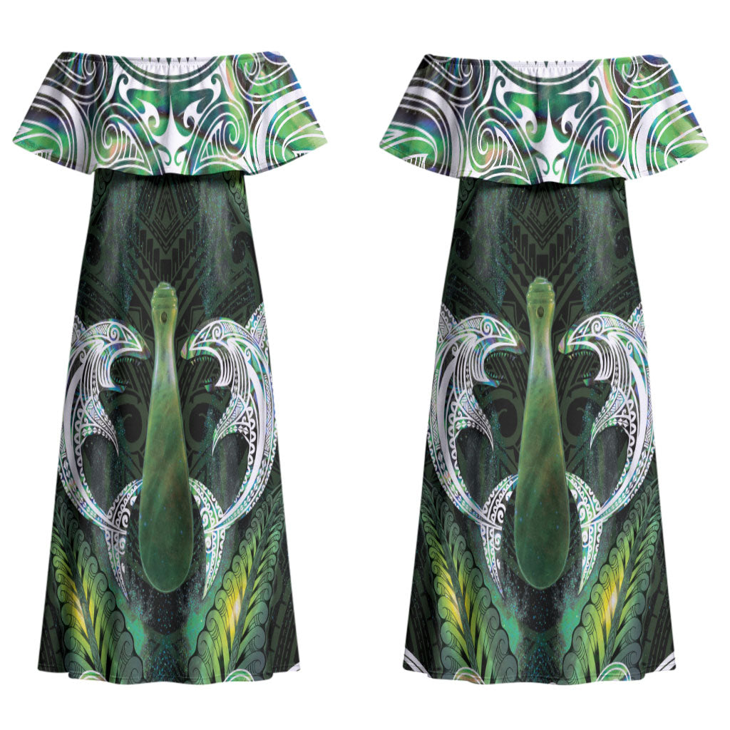 New Zealand Mere Pounamu Weapon Couples Matching Off Shoulder Maxi Dress and Long Sleeve Button Shirt Aotearoa Mango Paua Shell Maori Pattern LT22