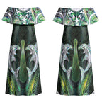 New Zealand Mere Pounamu Weapon Couples Matching Off Shoulder Maxi Dress and Long Sleeve Button Shirt Aotearoa Mango Paua Shell Maori Pattern LT22