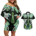 New Zealand Mere Pounamu Weapon Couples Matching Off Shoulder Short Dress and Hawaiian Shirt Aotearoa Mango Paua Shell Maori Pattern