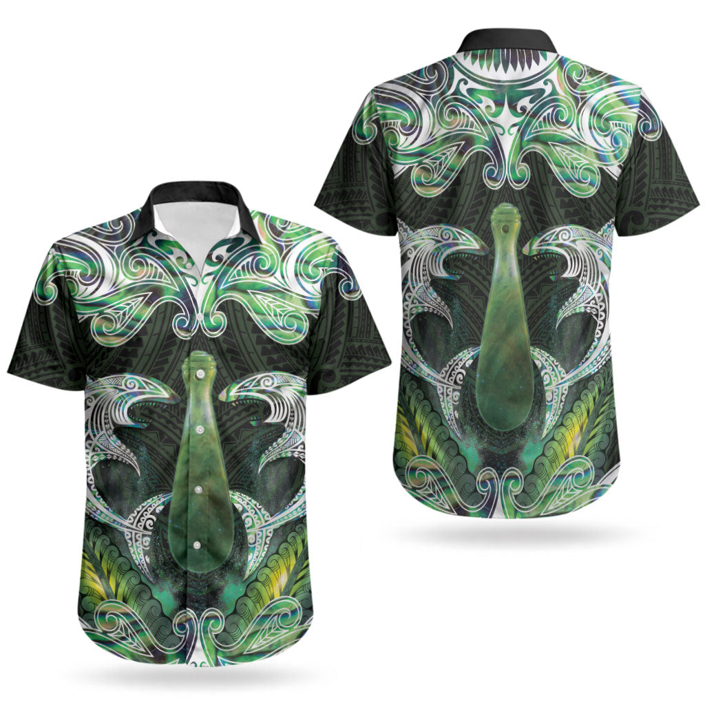 New Zealand Mere Pounamu Weapon Couples Matching Off Shoulder Short Dress and Hawaiian Shirt Aotearoa Mango Paua Shell Maori Pattern LT22