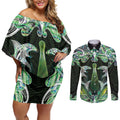 New Zealand Mere Pounamu Weapon Couples Matching Off Shoulder Short Dress and Long Sleeve Button Shirt Aotearoa Mango Paua Shell Maori Pattern