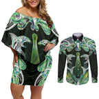 New Zealand Mere Pounamu Weapon Couples Matching Off Shoulder Short Dress and Long Sleeve Button Shirt Aotearoa Mango Paua Shell Maori Pattern