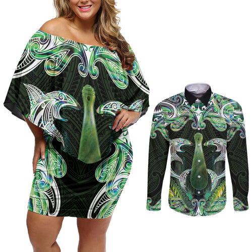 New Zealand Mere Pounamu Weapon Couples Matching Off Shoulder Short Dress and Long Sleeve Button Shirt Aotearoa Mango Paua Shell Maori Pattern