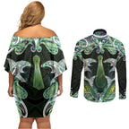 New Zealand Mere Pounamu Weapon Couples Matching Off Shoulder Short Dress and Long Sleeve Button Shirt Aotearoa Mango Paua Shell Maori Pattern