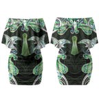 New Zealand Mere Pounamu Weapon Couples Matching Off Shoulder Short Dress and Long Sleeve Button Shirt Aotearoa Mango Paua Shell Maori Pattern LT22