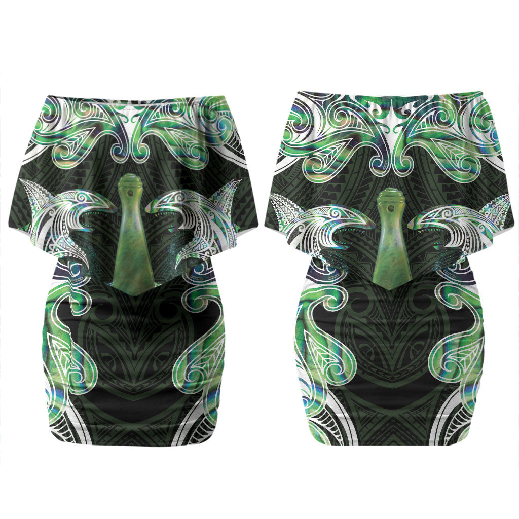 New Zealand Mere Pounamu Weapon Couples Matching Off Shoulder Short Dress and Long Sleeve Button Shirt Aotearoa Mango Paua Shell Maori Pattern LT22