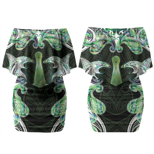 New Zealand Mere Pounamu Weapon Couples Matching Off Shoulder Short Dress and Long Sleeve Button Shirt Aotearoa Mango Paua Shell Maori Pattern LT22