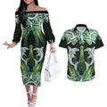 New Zealand Mere Pounamu Weapon Couples Matching Off The Shoulder Long Sleeve Dress and Hawaiian Shirt Aotearoa Mango Paua Shell Maori Pattern