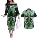 New Zealand Mere Pounamu Weapon Couples Matching Off The Shoulder Long Sleeve Dress and Hawaiian Shirt Aotearoa Mango Paua Shell Maori Pattern