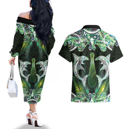 New Zealand Mere Pounamu Weapon Couples Matching Off The Shoulder Long Sleeve Dress and Hawaiian Shirt Aotearoa Mango Paua Shell Maori Pattern