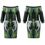 New Zealand Mere Pounamu Weapon Couples Matching Off The Shoulder Long Sleeve Dress and Hawaiian Shirt Aotearoa Mango Paua Shell Maori Pattern LT22