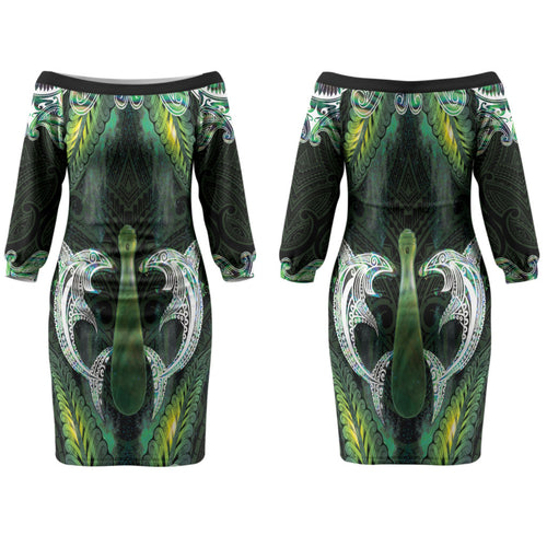 New Zealand Mere Pounamu Weapon Couples Matching Off The Shoulder Long Sleeve Dress and Hawaiian Shirt Aotearoa Mango Paua Shell Maori Pattern LT22