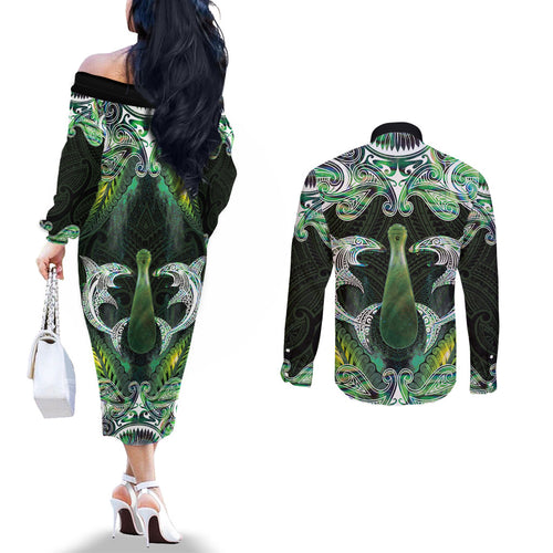 New Zealand Mere Pounamu Weapon Couples Matching Off The Shoulder Long Sleeve Dress and Long Sleeve Button Shirt Aotearoa Mango Paua Shell Maori Pattern