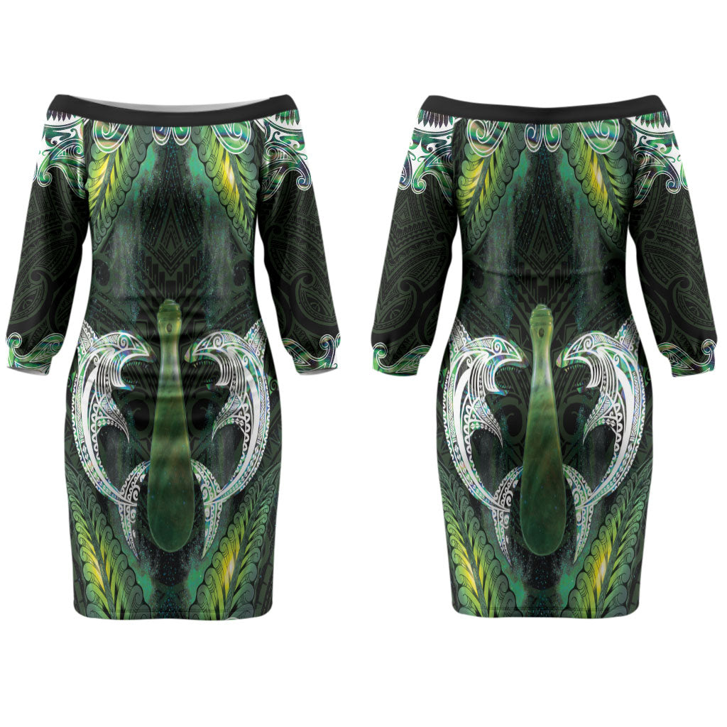 New Zealand Mere Pounamu Weapon Couples Matching Off The Shoulder Long Sleeve Dress and Long Sleeve Button Shirt Aotearoa Mango Paua Shell Maori Pattern LT22