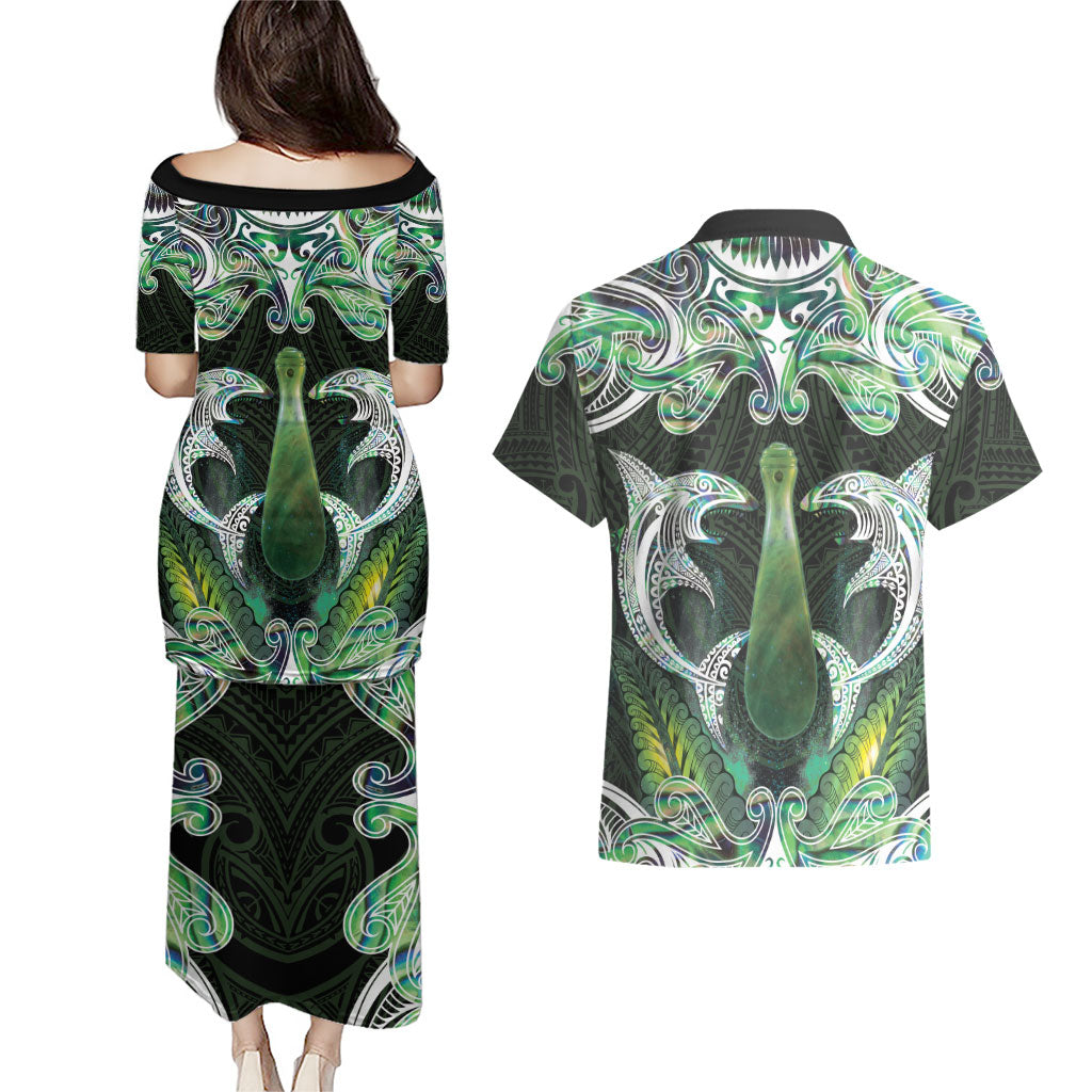 New Zealand Mere Pounamu Weapon Couples Matching Puletasi and Hawaiian Shirt Aotearoa Mango Paua Shell Maori Pattern