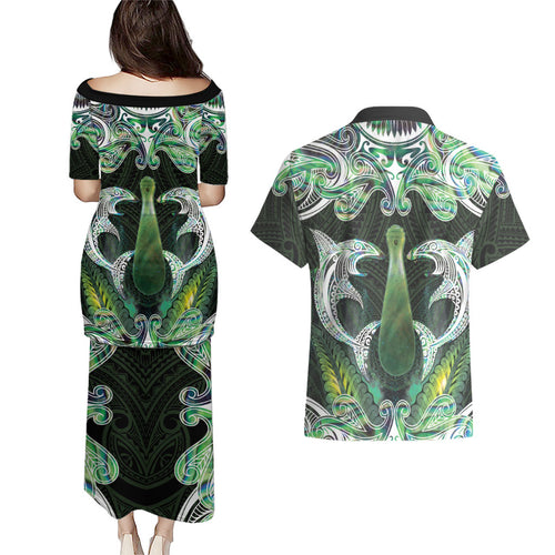 New Zealand Mere Pounamu Weapon Couples Matching Puletasi and Hawaiian Shirt Aotearoa Mango Paua Shell Maori Pattern