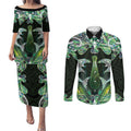 New Zealand Mere Pounamu Weapon Couples Matching Puletasi and Long Sleeve Button Shirt Aotearoa Mango Paua Shell Maori Pattern