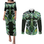 New Zealand Mere Pounamu Weapon Couples Matching Puletasi and Long Sleeve Button Shirt Aotearoa Mango Paua Shell Maori Pattern