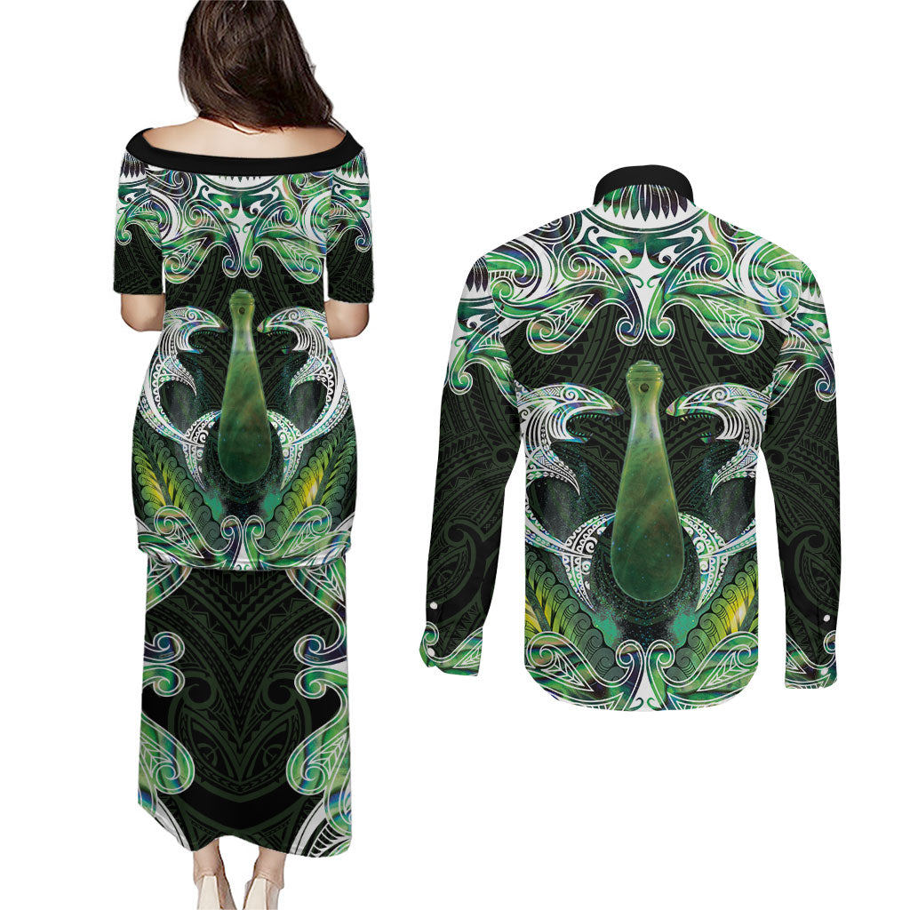 New Zealand Mere Pounamu Weapon Couples Matching Puletasi and Long Sleeve Button Shirt Aotearoa Mango Paua Shell Maori Pattern