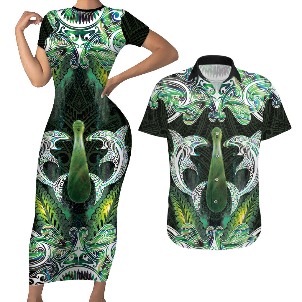 New Zealand Mere Pounamu Weapon Couples Matching Short Sleeve Bodycon Dress and Hawaiian Shirt Aotearoa Mango Paua Shell Maori Pattern