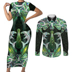 New Zealand Mere Pounamu Weapon Couples Matching Short Sleeve Bodycon Dress and Long Sleeve Button Shirt Aotearoa Mango Paua Shell Maori Pattern