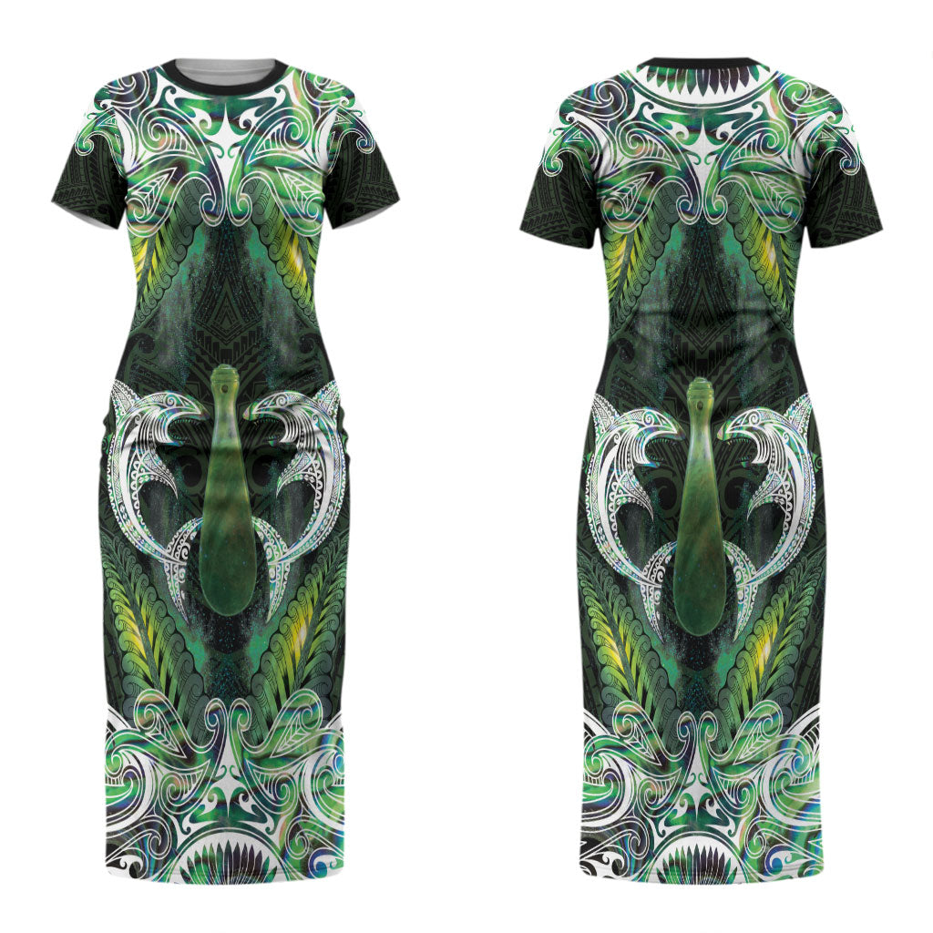 New Zealand Mere Pounamu Weapon Couples Matching Short Sleeve Bodycon Dress and Long Sleeve Button Shirt Aotearoa Mango Paua Shell Maori Pattern LT22