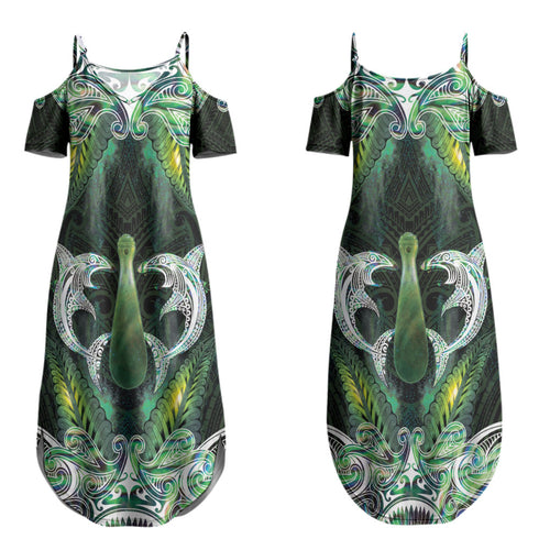 New Zealand Mere Pounamu Weapon Couples Matching Summer Maxi Dress and Long Sleeve Button Shirt Aotearoa Mango Paua Shell Maori Pattern LT22