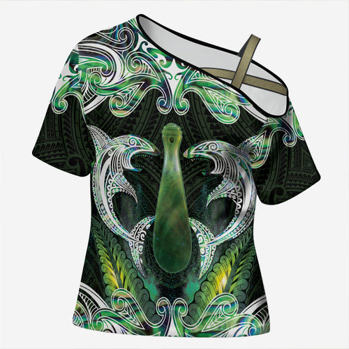 New Zealand Mere Pounamu Weapon Cross Shoulder Shirt Aotearoa Mango Paua Shell Maori Pattern