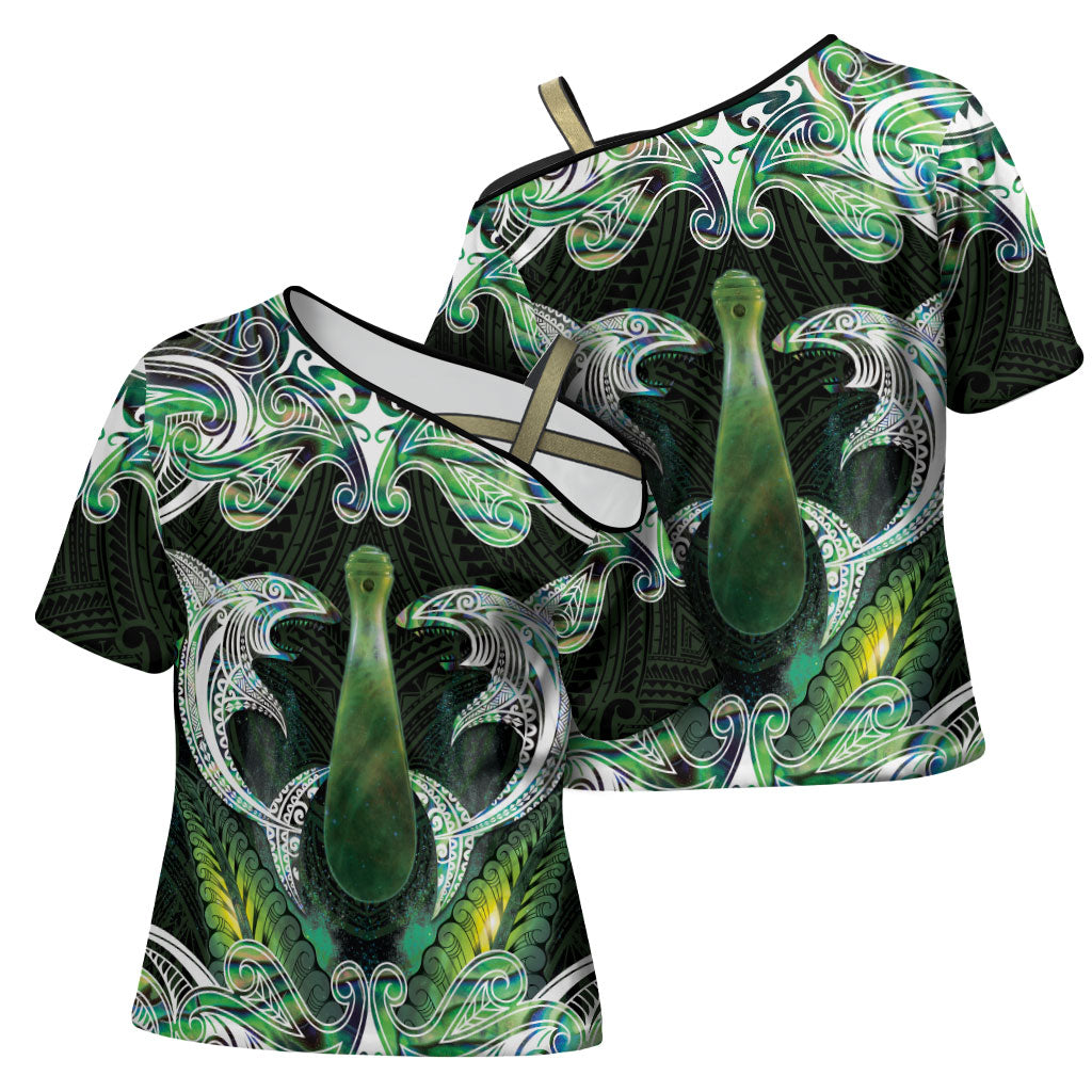 New Zealand Mere Pounamu Weapon Cross Shoulder Shirt Aotearoa Mango Paua Shell Maori Pattern