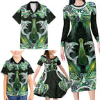 New Zealand Mere Pounamu Weapon Family Matching Long Sleeve Bodycon Dress and Hawaiian Shirt Aotearoa Mango Paua Shell Maori Pattern