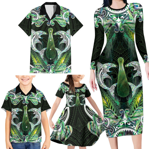 New Zealand Mere Pounamu Weapon Family Matching Long Sleeve Bodycon Dress and Hawaiian Shirt Aotearoa Mango Paua Shell Maori Pattern