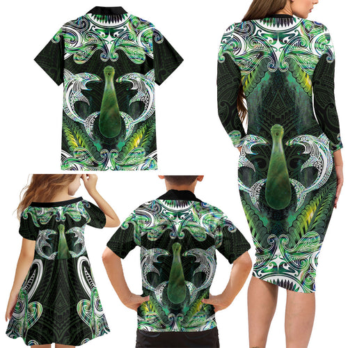 New Zealand Mere Pounamu Weapon Family Matching Long Sleeve Bodycon Dress and Hawaiian Shirt Aotearoa Mango Paua Shell Maori Pattern