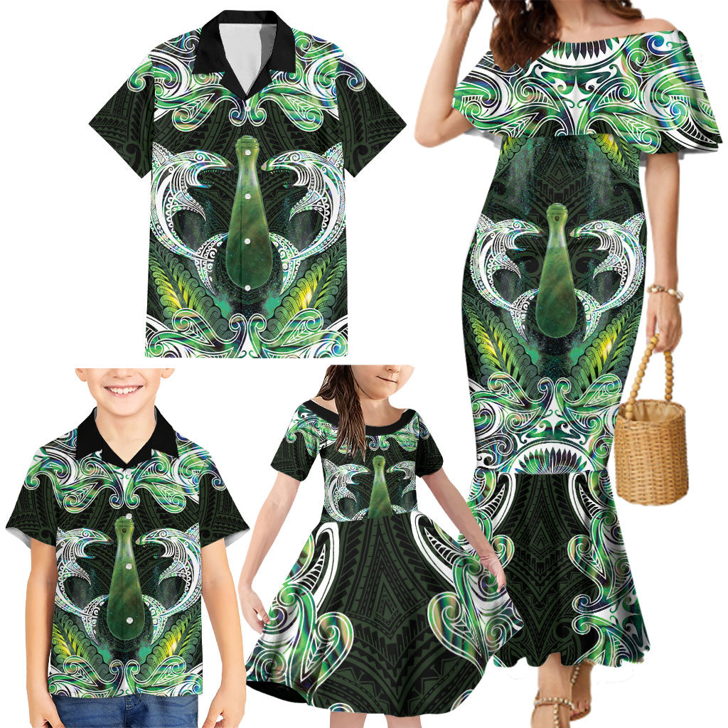 New Zealand Mere Pounamu Weapon Family Matching Mermaid Dress and Hawaiian Shirt Aotearoa Mango Paua Shell Maori Pattern