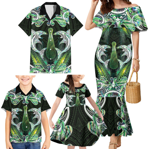 New Zealand Mere Pounamu Weapon Family Matching Mermaid Dress and Hawaiian Shirt Aotearoa Mango Paua Shell Maori Pattern