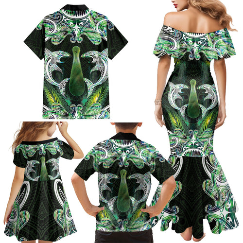 New Zealand Mere Pounamu Weapon Family Matching Mermaid Dress and Hawaiian Shirt Aotearoa Mango Paua Shell Maori Pattern