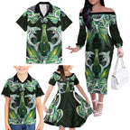 New Zealand Mere Pounamu Weapon Family Matching Off The Shoulder Long Sleeve Dress and Hawaiian Shirt Aotearoa Mango Paua Shell Maori Pattern